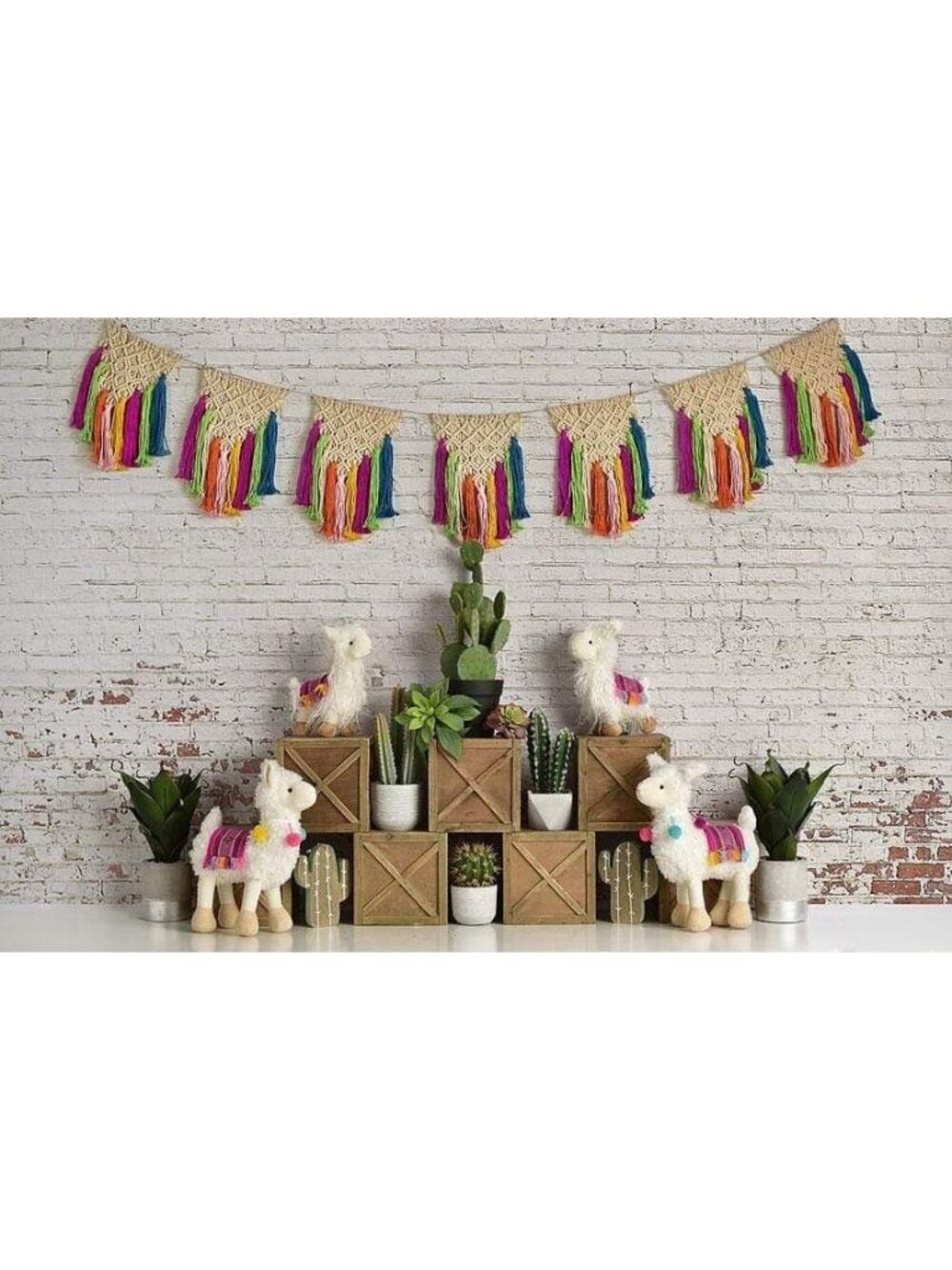 Kate Backdrop Fabric 5'x7' Boho Llamas Cactus Colorful Rainbow Wrinkle Resistant